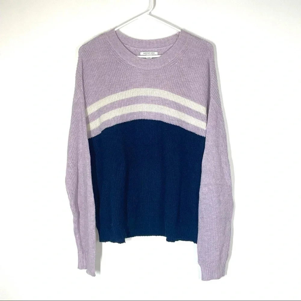 American Eagle Purple Colorblock Crewneck Knit Sweater Size Large
